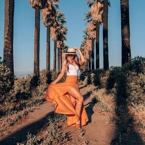 O'Neill Orange Asymmetrical Tiered High Low Maxi Skirt